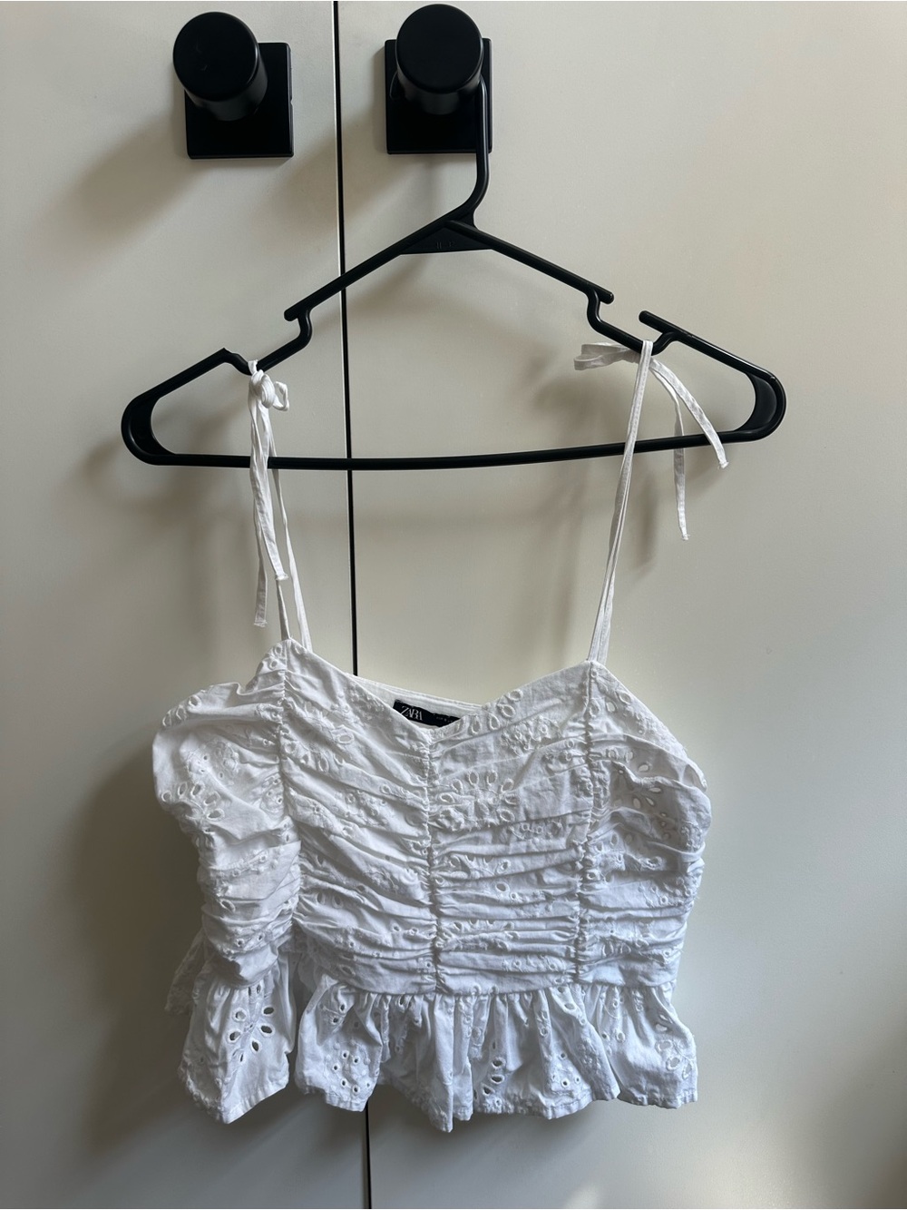 Zara White Eyelet Tie-Shoulder Cropped Camisole
